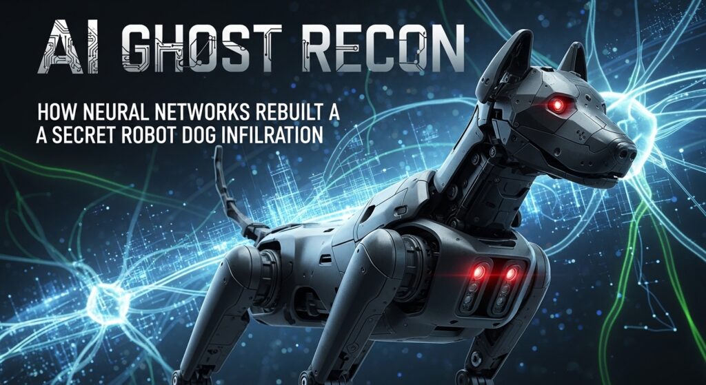 AI-generated reconstruction of robot dog units navigating an underground facility based on fragmented sensor data