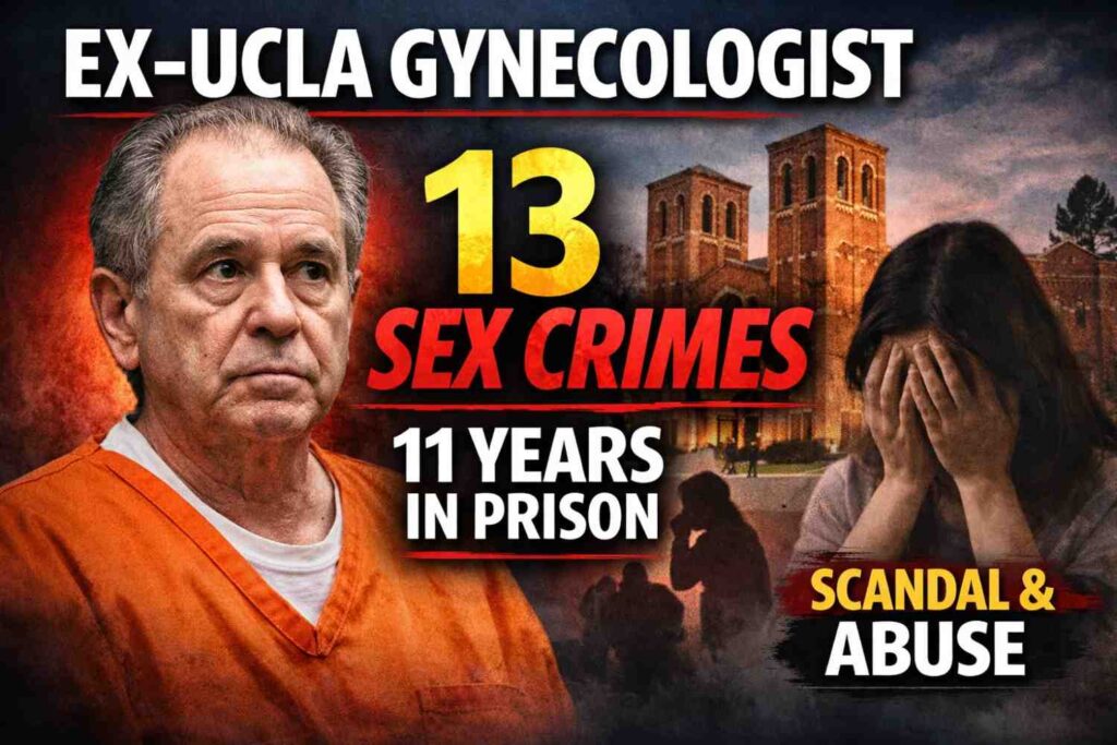 Former James Heaps in prison uniform with headline “Ex-University of California, Los Angeles Gynecologist Guilty of 13 Sex Crimes, Sentenced to 11 Years” displayed on a dramatic news thumbnail.