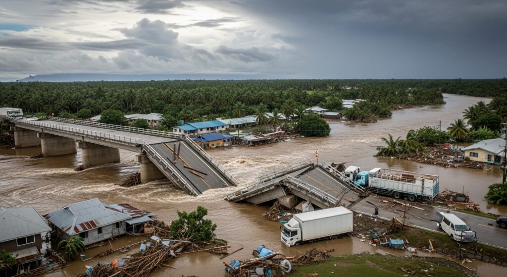Severe flash flooding in South Pacific destroying bridges, damaged roads, and disrupted supply chain transport routes