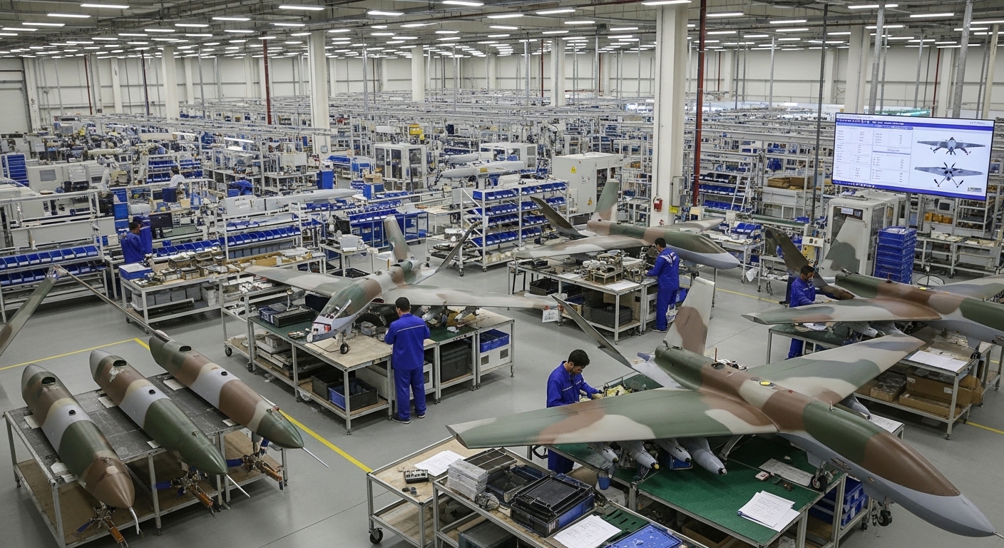 Iran Shahed-136 drone production increase in military factory assembly line