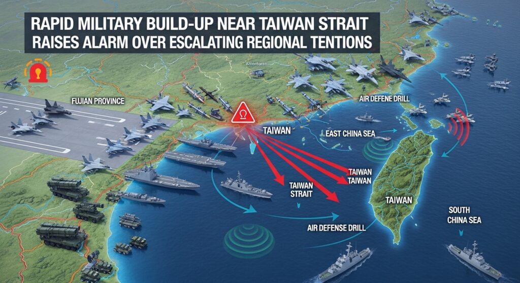 Military ships and fighter jets operating near Taiwan Strait amid rising regional security tensions and naval activity