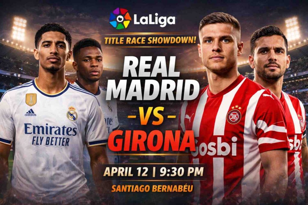 Real Madrid vs Girona match thumbnail showing players and La Liga 2026 fixture details at Santiago Bernabeu