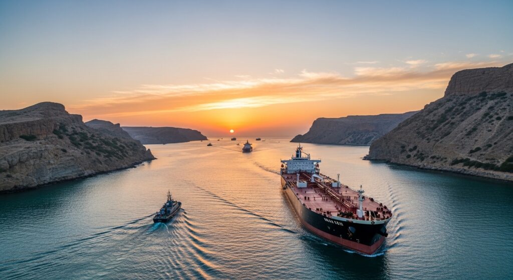 Strait of Hormuz with military vessels amid rising tensions after Islamic Revolutionary Guard Corps warns of potential closure due to US blockade