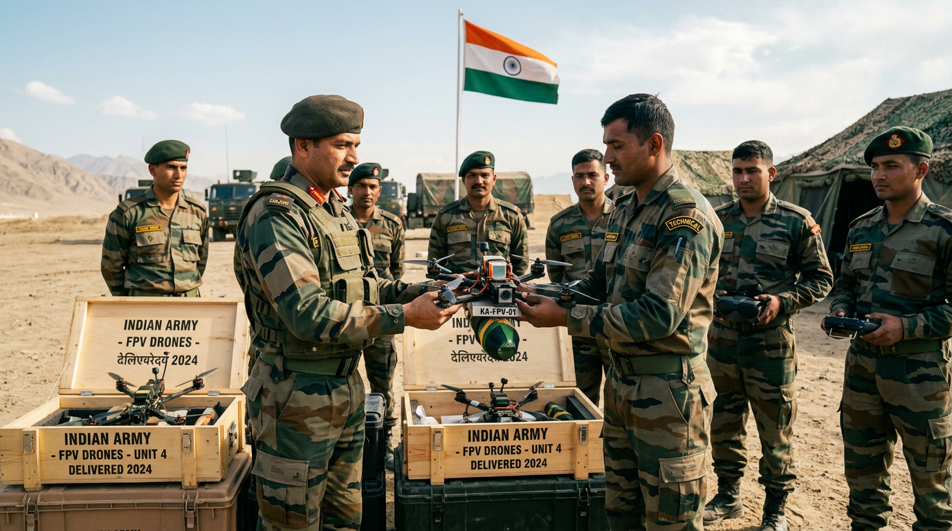 Indian Army soldiers handling FPV drones with wooden crates labeled for 2024 delivery
