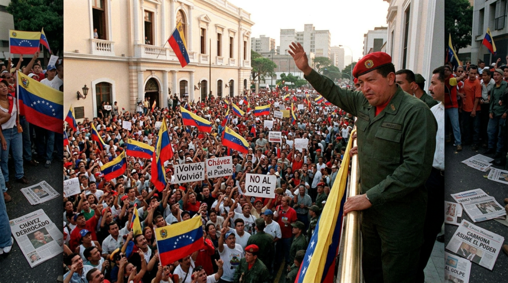 Hugo Chávez waving to crowd holding Venezuelan flags and pro-Chávez signs