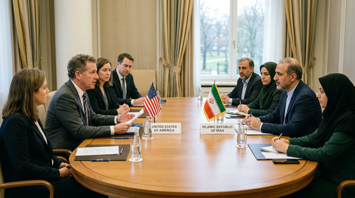 U.S. and Iranian delegations seated opposite each other at a negotiation table with flags