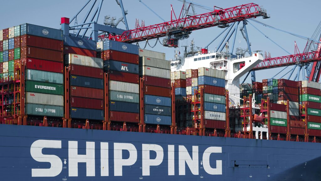A container ship in Hamburg port with cranes, showcasing global commerce and transport.