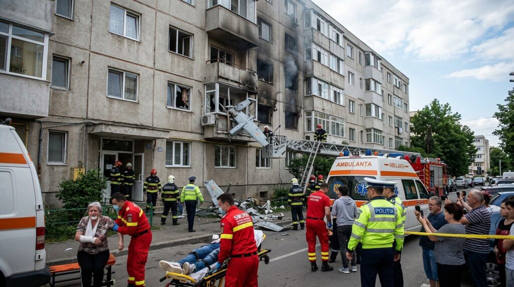 Russian drone crash Romania apartment building damage after Ukraine attack