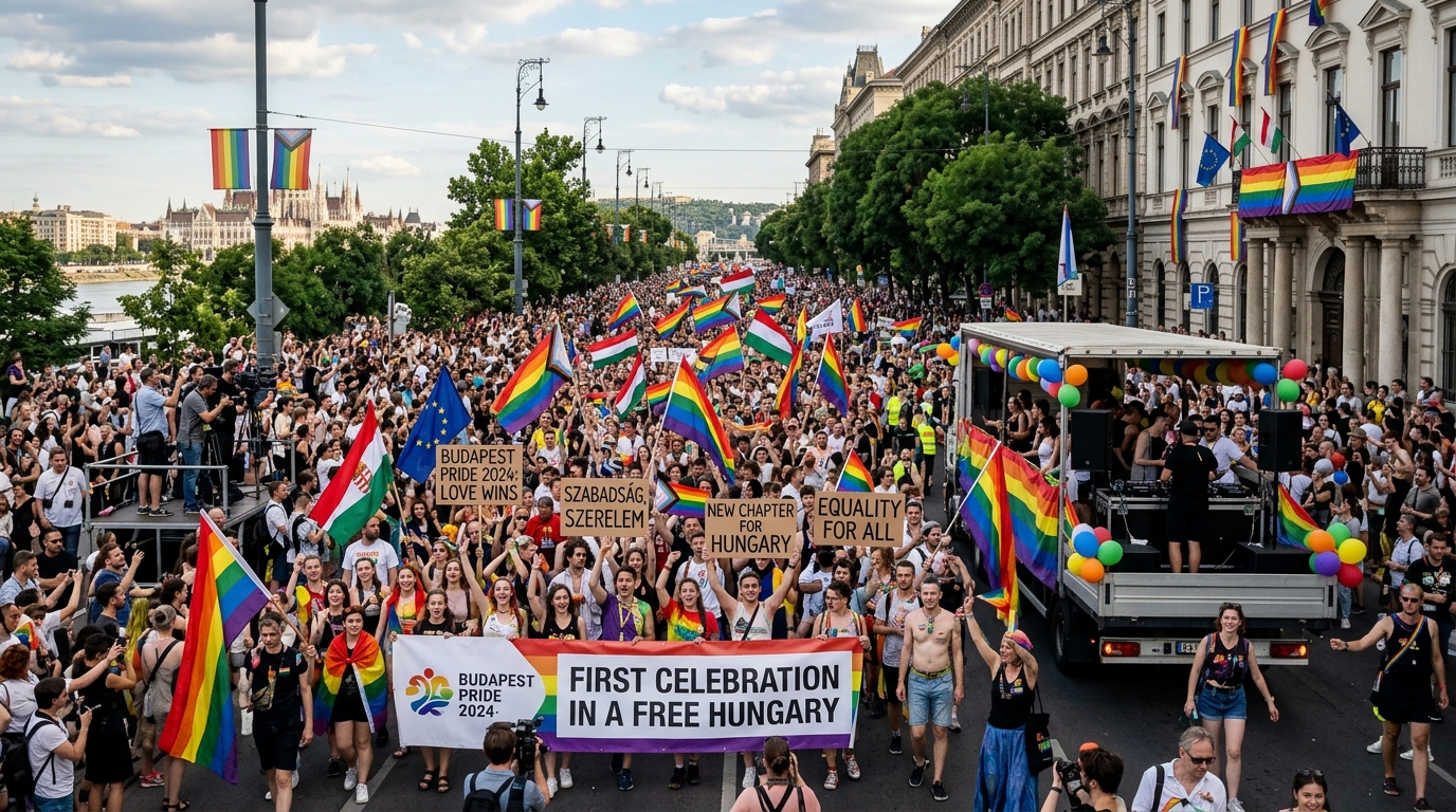 Thousands participate in Budapest Pride March carrying rainbow flags across Budapest streets