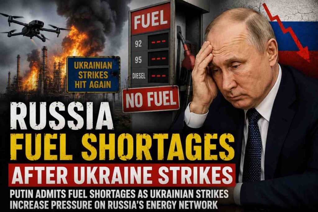 Russian fuel storage facilities and oil infrastructure affected by Ukrainian drone strikes as fuel shortages emerge across parts of Russia.