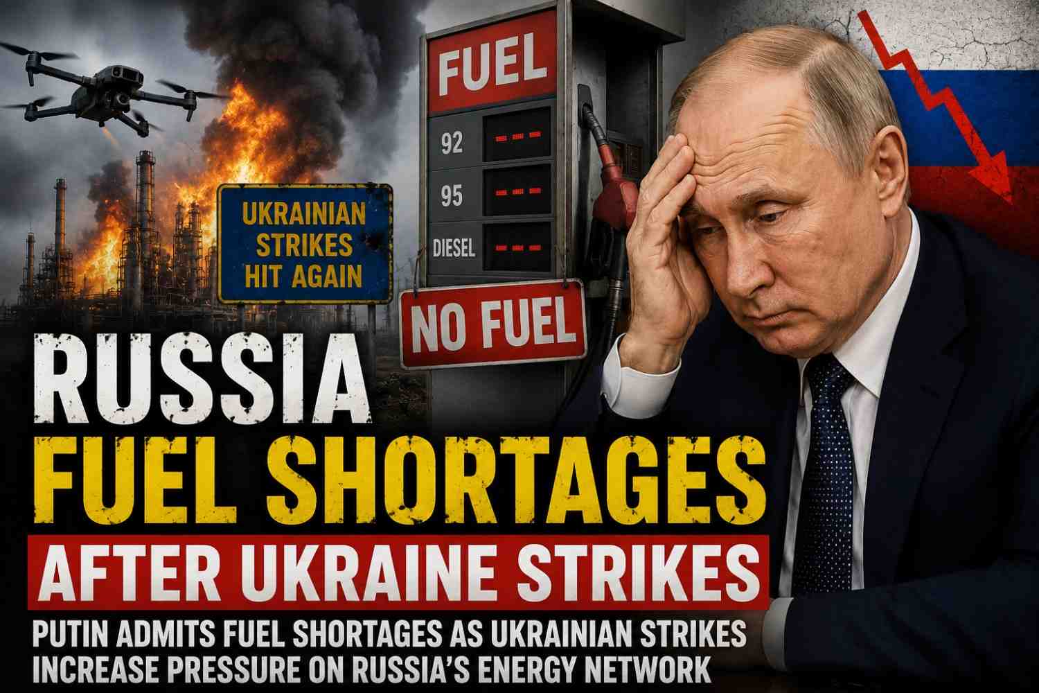 Russian fuel storage facilities and oil infrastructure affected by Ukrainian drone strikes as fuel shortages emerge across parts of Russia.