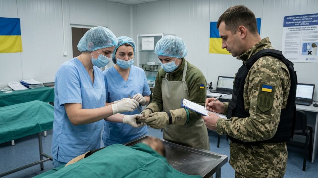 Ukrainian forensic specialists inspect repatriated soldiers' remains during identification procedures under enhanced safety protocols