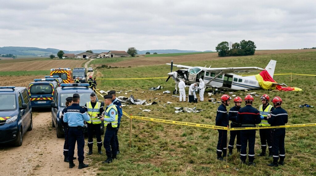 Emergency responders at the scene of the France skydiving plane crash near Nancy after a light aircraft carrying skydivers crashed shortly after takeoff.