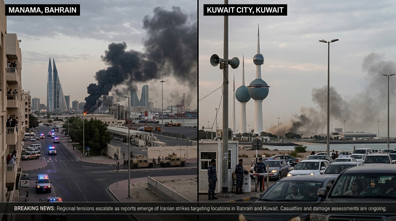 Iranian missile and drone attacks targeting Bahrain and Kuwait following US military strikes amid rising Gulf tensions.