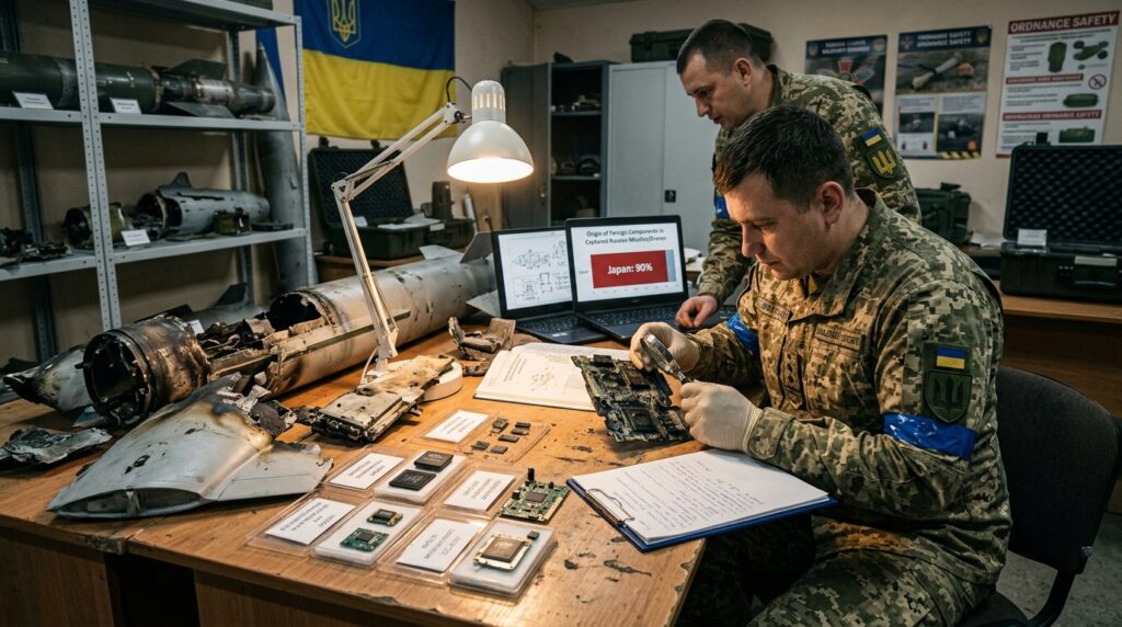 Recovered Russian missile components showing foreign-made electronics including Japanese-manufactured parts identified by Ukrainian investigators