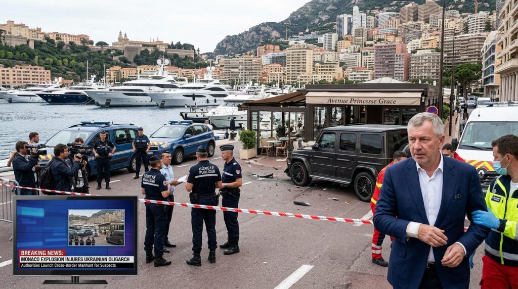 Police officers secure the scene of a Monaco explosion as investigators examine a residential building following a deliberate blast
