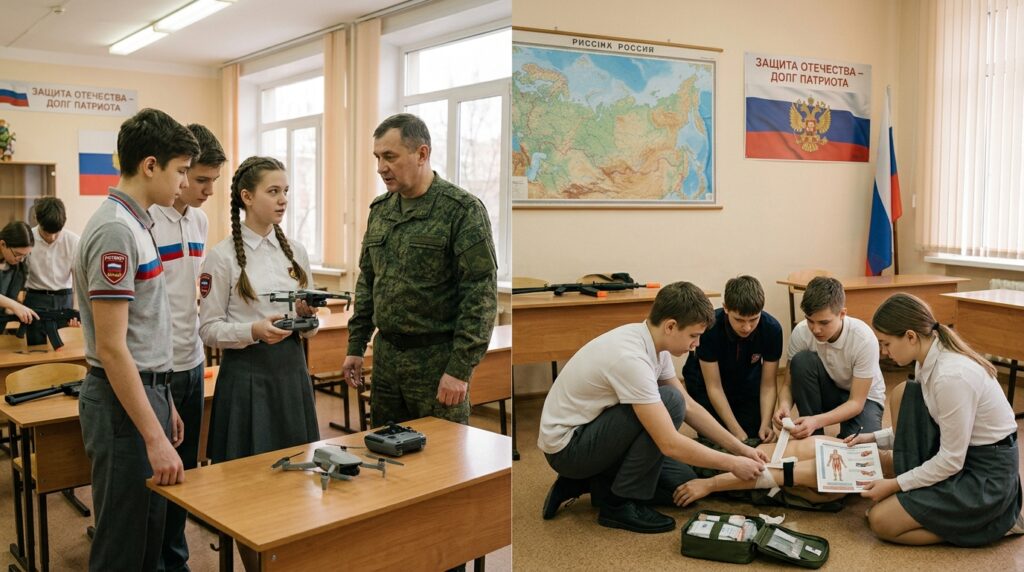 Russian students participating in military training classes and drone education as part of a new school defense curriculum