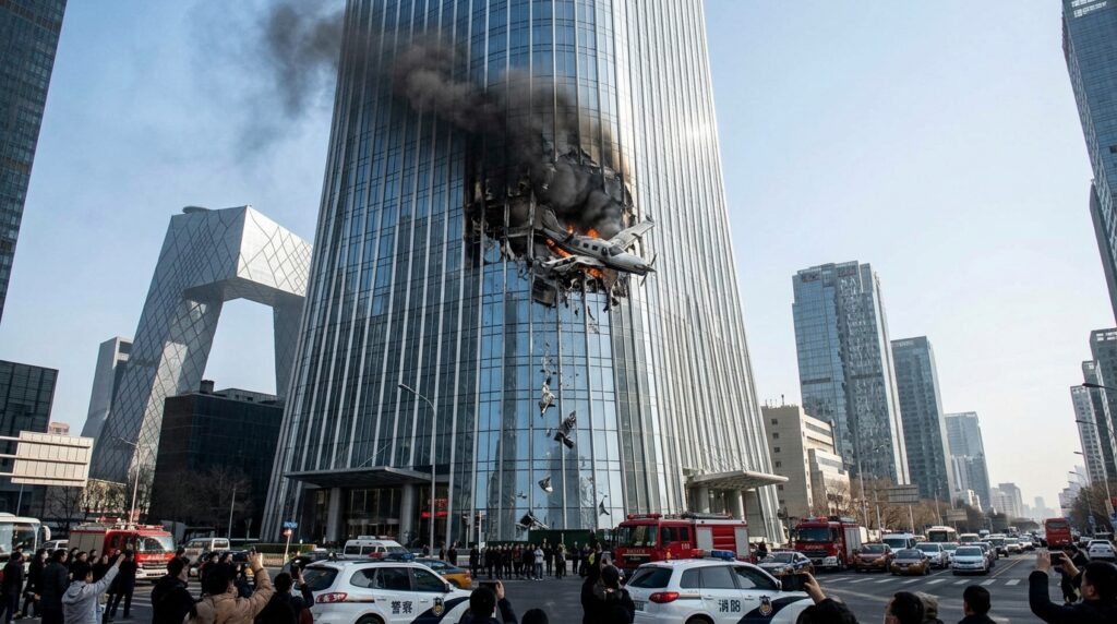 Beijing Skyscraper Plane Crash involving small aircraft striking the CITIC Tower in central Beijing