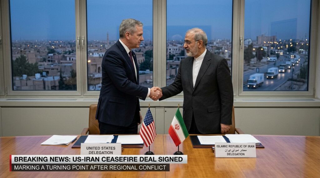 US and Iranian flags displayed alongside a ceasefire agreement after months of regional conflict and rising tensions.
