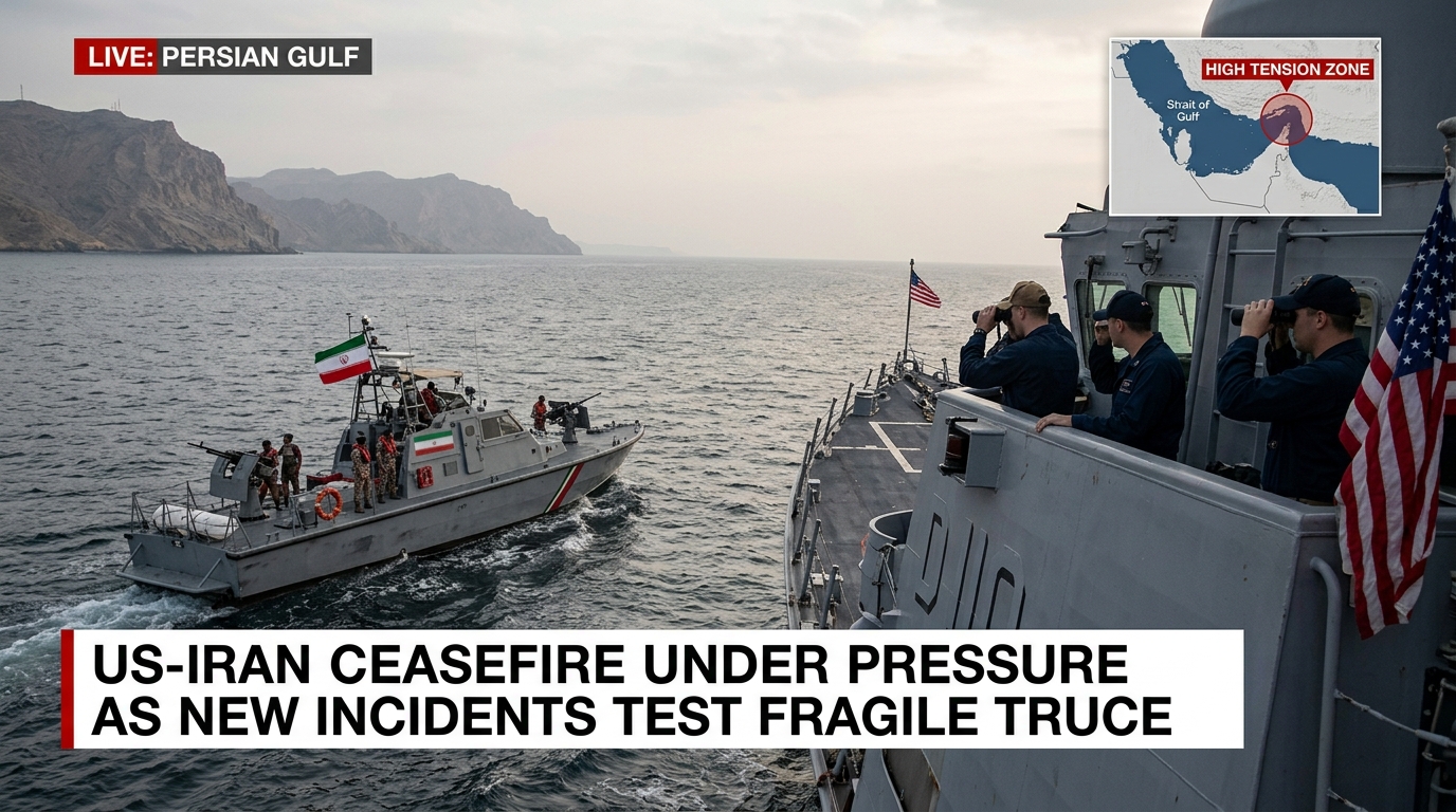 Military drones and commercial tankers operating near the Strait of Hormuz amid tensions surrounding the US-Iran ceasefire.