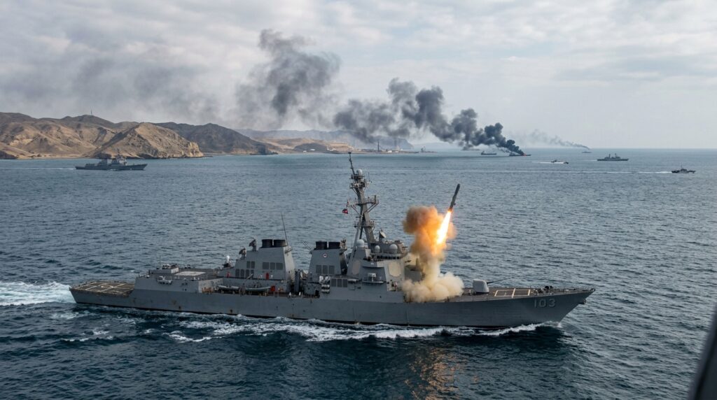 US military operations targeting Iranian facilities following attacks on commercial vessels in the Strait of Hormuz.