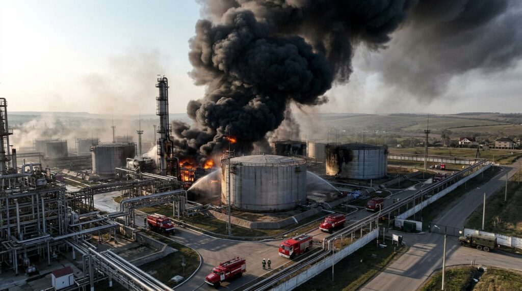 Fire and smoke rise from an oil refinery in Russia's Krasnodar Krai after a reported Ukrainian drone attack.