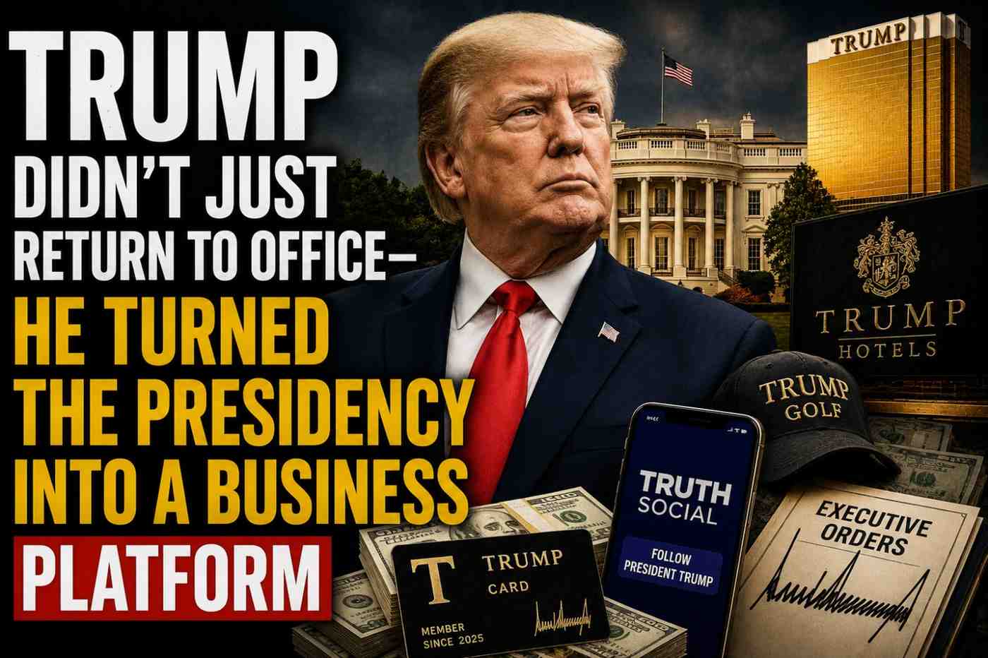 Donald Trump speaking at a podium with financial charts and cryptocurrency symbols representing debate over presidential finances and ethics.
