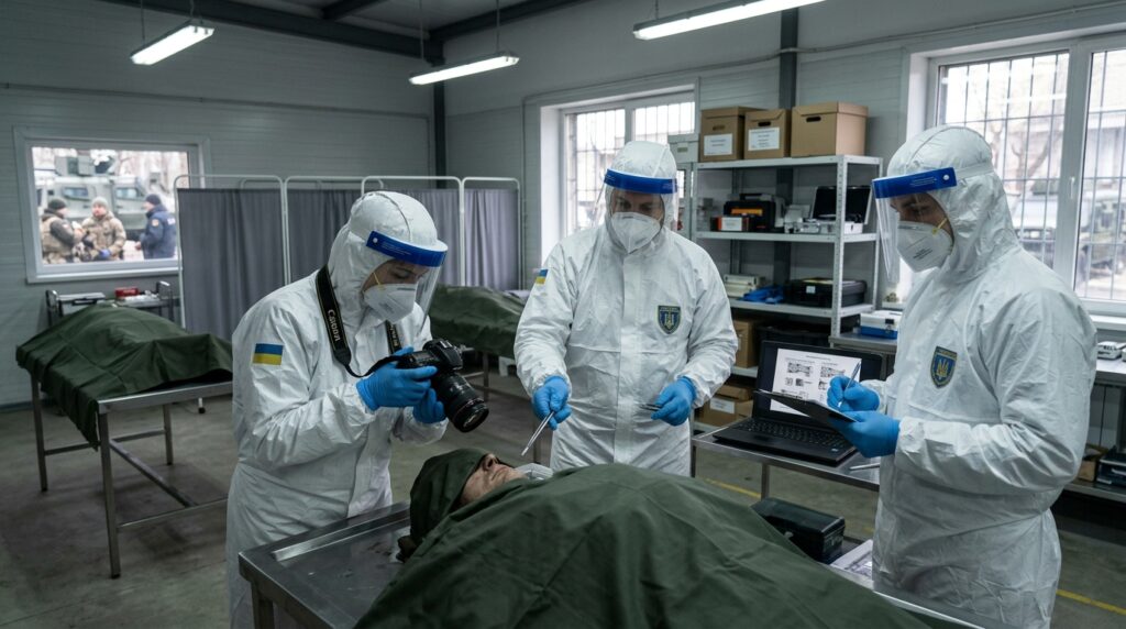 Ukrainian forensic experts inspect repatriated soldiers' remains during identification procedures under enhanced security measures