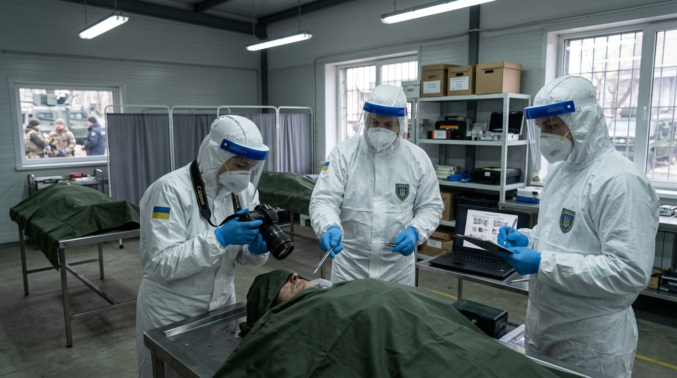 Ukrainian forensic experts inspect repatriated soldiers' remains during identification procedures under enhanced security measures