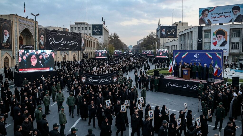 Illustrative image of Iran's leadership transition with national flags, religious symbolism, and government institutions representing political succession.