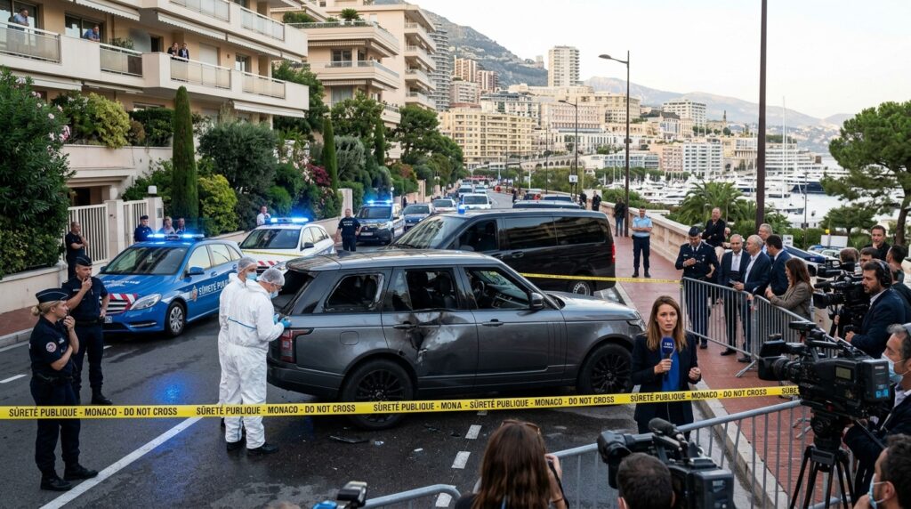 Police investigators examine the scene of a targeted explosion in Monaco involving Ukrainian businessman Vadym Yermolaiev and his family