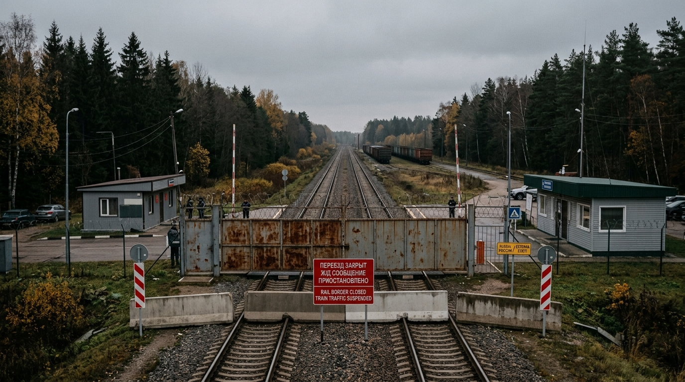 Railway checkpoint on the Russia-Finland border following Russia’s suspension of multiple international rail crossings in July 2026
