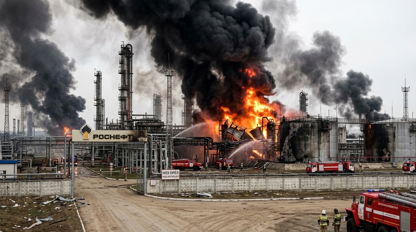 Smoke rises from a Russian oil refinery after a Ukrainian long-range drone strike targeting energy infrastructure