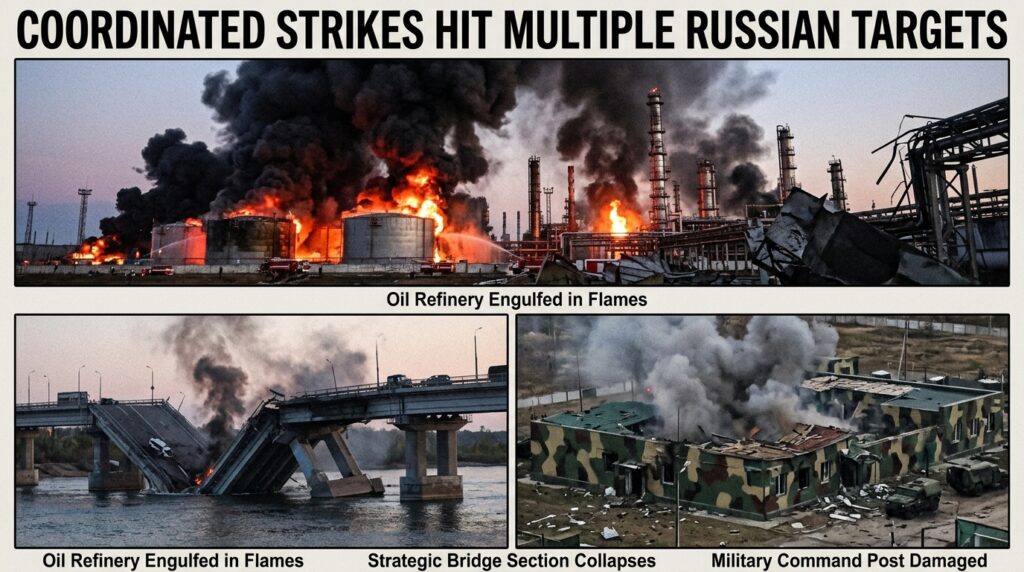 Smoke rises from a Russian oil refinery after a Ukrainian long-range drone strike targeting military and energy infrastructure.
