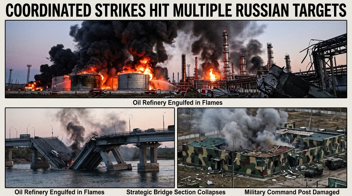 Smoke rises from a Russian oil refinery after a Ukrainian long-range drone strike targeting military and energy infrastructure.