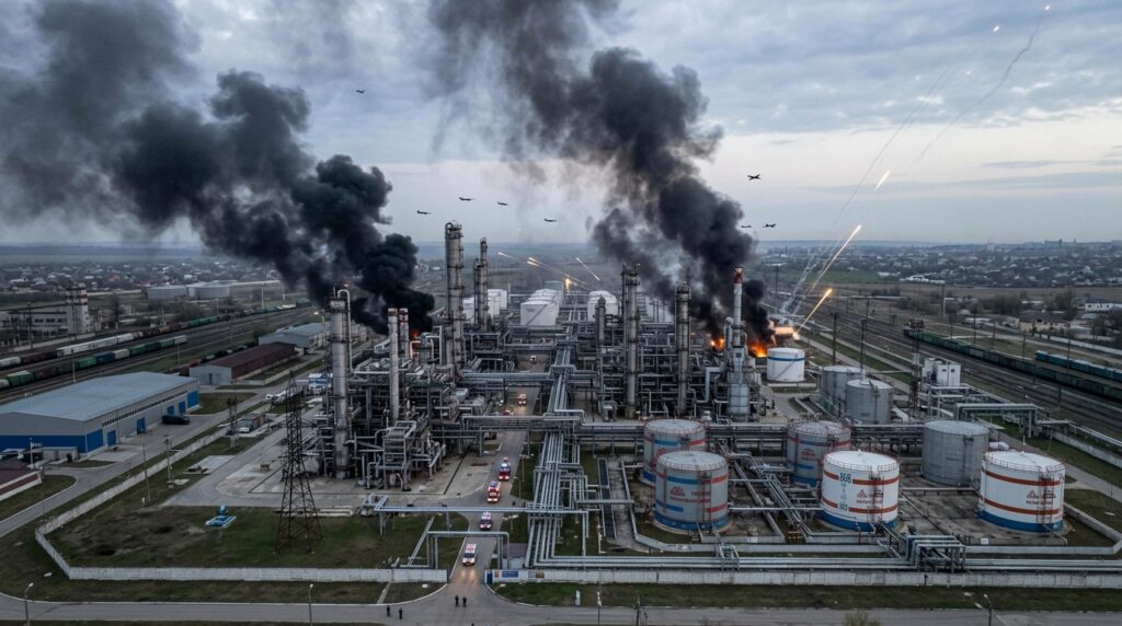 Ukraine drone strikes on Russian energy infrastructure targeting oil terminals and industrial facilities near St. Petersburg and Belgorod.
