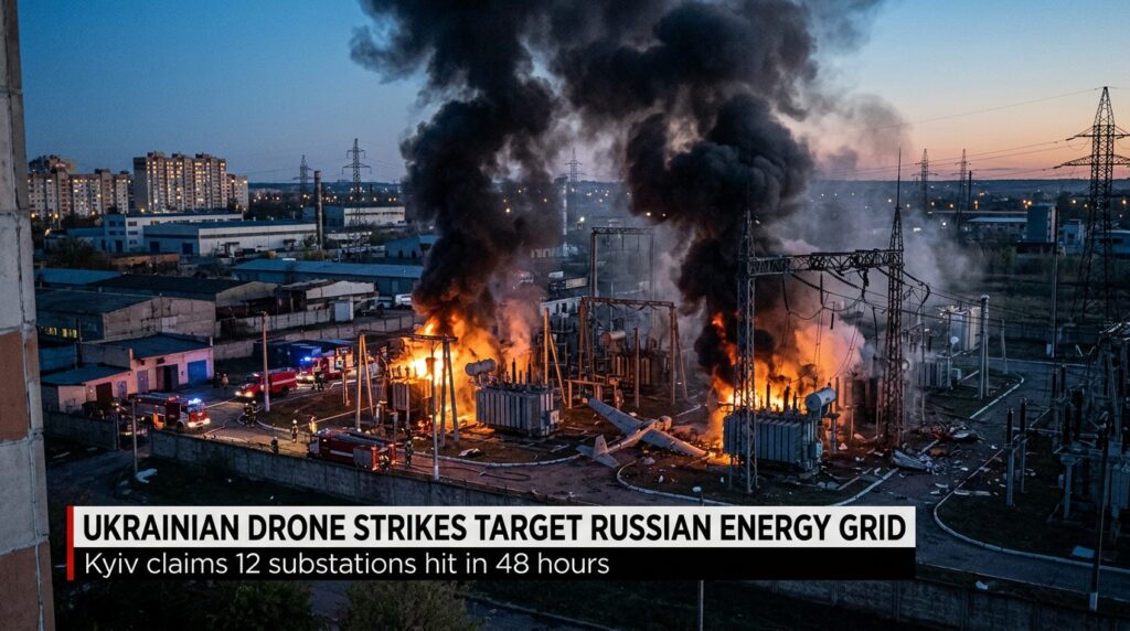 Ukrainian drone operation targeting Russian-controlled energy infrastructure with smoke rising from an electrical substation.
