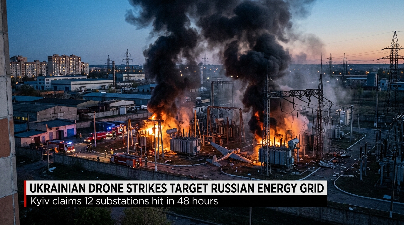 Ukrainian drone operation targeting Russian-controlled energy infrastructure with smoke rising from an electrical substation.