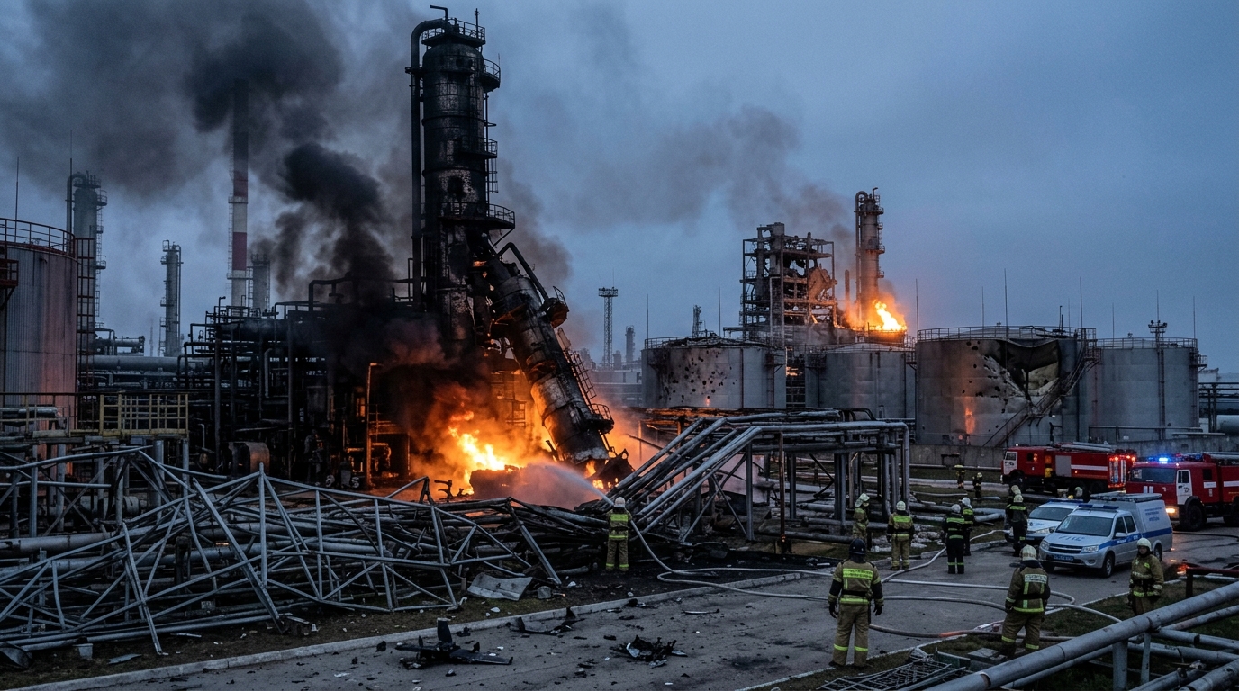 Ukrainian strikes disable 43% of Russian refining capacity, damaging Russian oil refineries and fuel storage facilities during the ongoing war.